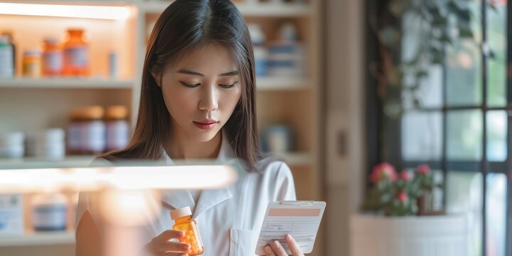 Portrait of a young Asian woman reading the instructions for use of a drug in a pharmacy.