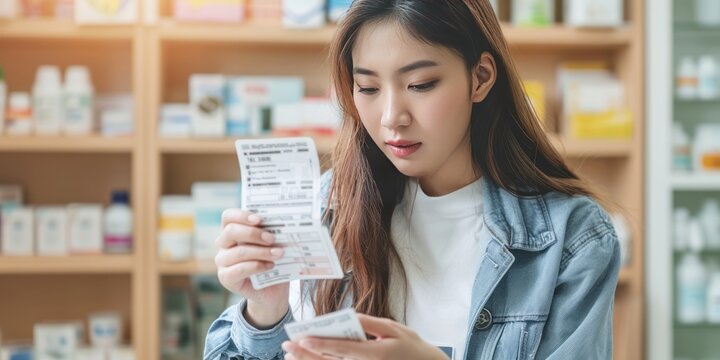 Portrait of a young Asian woman reading the instructions for use of a drug in a pharmacy.
