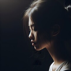 A sad young china woman profile portrait, with the Rim light shining on her face and hair. The background is black