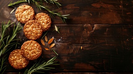 Dawn Remembrance - Anzac Biscuits with Rosemary on Rustic Table for Anzac Day - obrazy, fototapety, plakaty