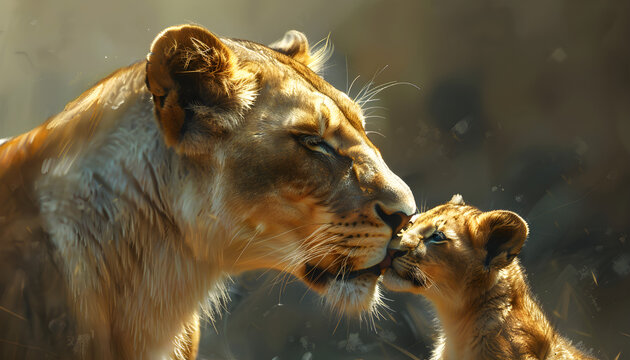 A heartwarming digital AI art of a lioness mother with her lion cub, portraying the concept of motherly love in the wild.