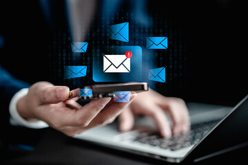 Businesswomen checking email via smartphone detect spam malware screen alerts, cyber internet web...