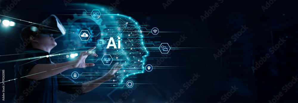 Leinwandbilder ai marketing, artificial intelligence. machine learning, vr, man use vr glasses and structure analys