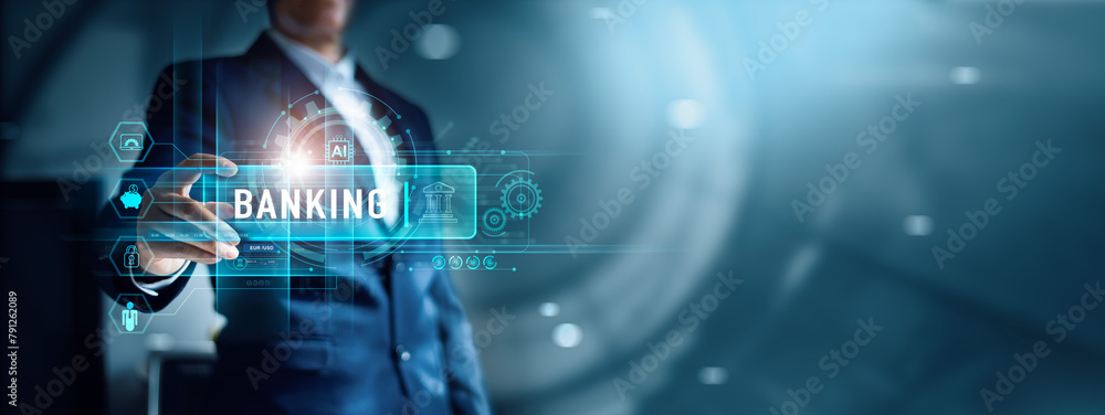 Poster businessman holding word banking in hand with network connection of ai banking and financial, custom