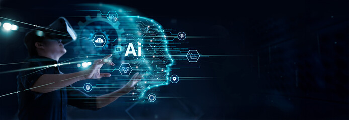 AI Marketing, Artificial Intelligence. Machine learning, VR, Man use vr glasses and structure analysis of big data marketing, data processing, deep learning of digital marketing technology for future.