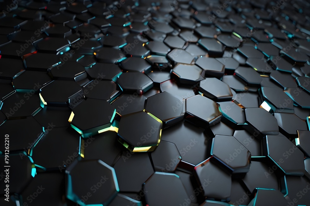 Poster abstract hexagonal geometric ultra wide background. structure of lots of hexagons of carbon fiber wi