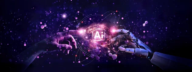 Foto auf Alu-Dibond AI, Machine learning, Hands of robot and human touching on big data network connection, Data exchange, deep learning, Science and artificial intelligence technology, innovation of futuristic. © ipopba