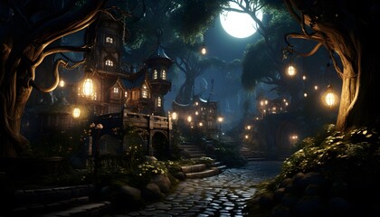 Illuminated Japanese garden with old wooden houses and lanterns.