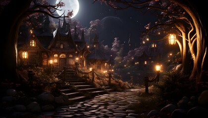 Halloween night landscape with haunted house and full moon. 3d rendering