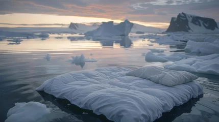 Fotobehang Surrounded by a serene otherworldly landscape a cozy bed made of Antarctic sheets beckons for a rejuvenating rest. 2d flat cartoon. © Justlight