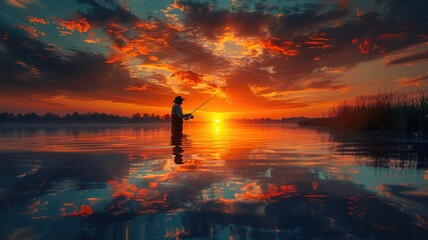 A man is fishing in a lake at sunset