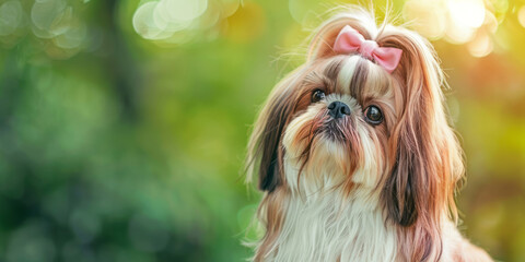 An adorable Shih Tzu with long, flowing hair and pink bows stands outdoors against a blurred green backdrop.