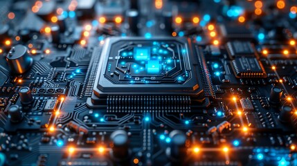 Obraz premium Chips and product images have very realistic photo effects. A dark chip floor with a futuristic technological feel, with a huge and exquisite chip metal frame on top and blue background