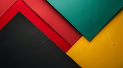 A black, red, green, and yellow background features color blocks.