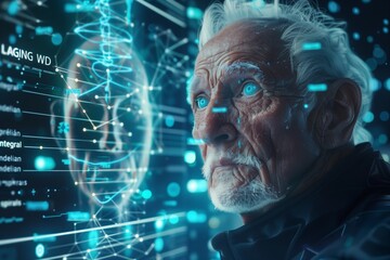 Elderly man  an AI interface displaying  data points about him such as his age representing advanced technology used for maintaining a young appearance through  AI science or medicine
