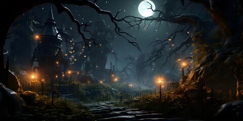 Halloween night in the forest with full moon. 3d rendering