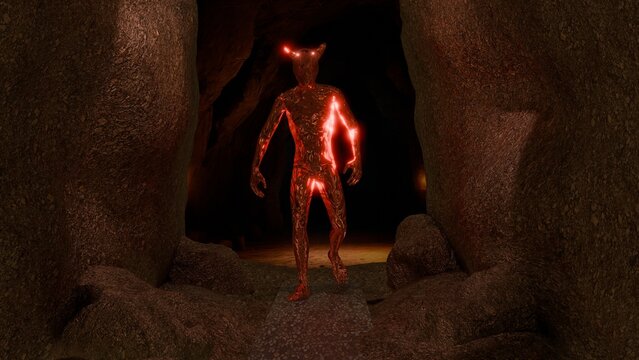 Jinn in cave. Arabic Djinn inside cave. 
Horned demon, ancient magical being inside deep dark cave. Demon in cave. Demonic entity in underground cavern. 3d render illustration.