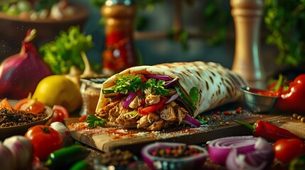 A delectable Arabic shawarma sandwich, filled with succulent chicken and exotic spices, floating gracefully amidst a colorful array of fresh ingredients, inviting you to take a bite - obrazy, fototapety, plakaty