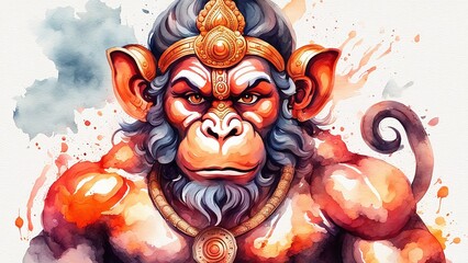 Fototapeta premium Watercolor-style image of Indian god Hanuman, showcasing artistic finesse. Ideal for spiritual and cultural themes, enhancing the divine aura in design projects.