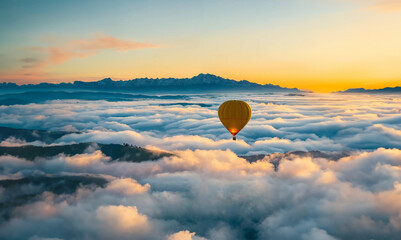 hot air balloon flying over clouds and mountains, sunset scene