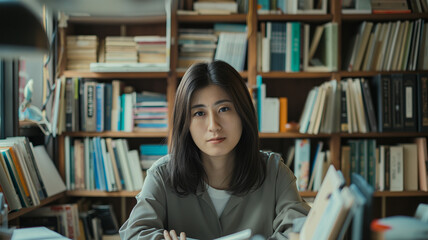 書斎で働く日本人女性
