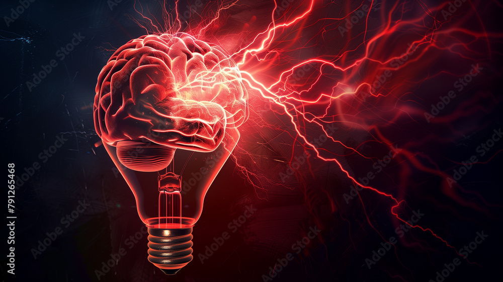 Poster a brain is shown with a light bulb in the middle of it. the light bulb is glowing red and the brain 