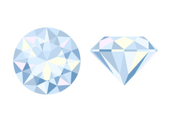 Round brilliant cut diamond top and side views. Colored flat icon. Vector illustration