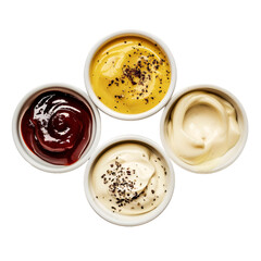 Different types of sauces, four various sauce types.sauce dips in white containers