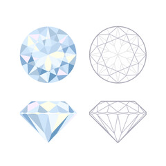 Round brilliant cut diamond top and side views. Flat and outline icons. Tditable stroke. Vector illustration