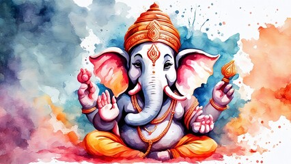 Watercolor-style image of Hindu god Ganesha, showcasing artistic finesse. Ideal for spiritual and cultural themes, enhancing the divine aura in design projects.
