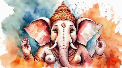 Watercolor-style image of Hindu god Ganesha, showcasing artistic finesse. Ideal for spiritual and cultural themes, enhancing the divine aura in design projects. - obrazy, fototapety, plakaty