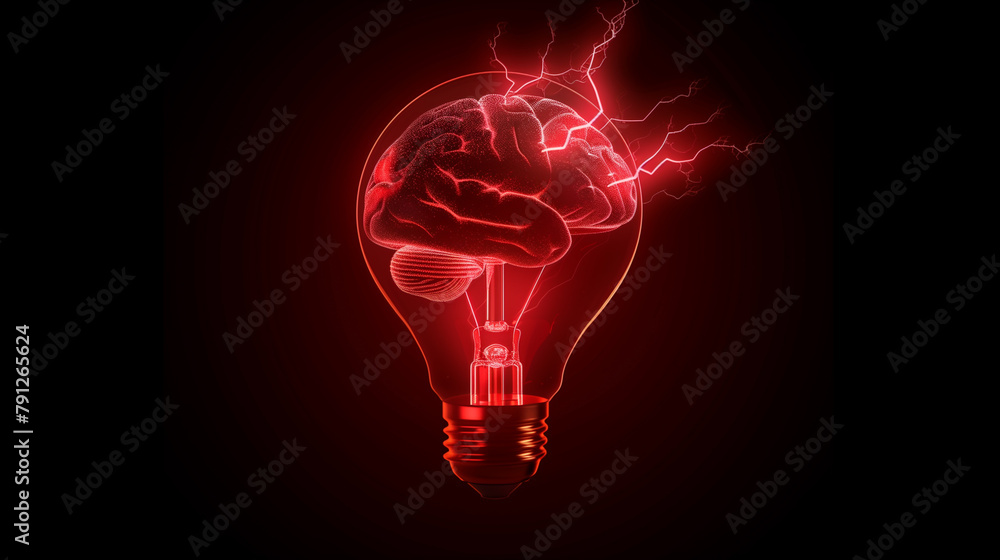 Poster a brain is shown with a light bulb in the middle of it. the light bulb is glowing red and the brain 
