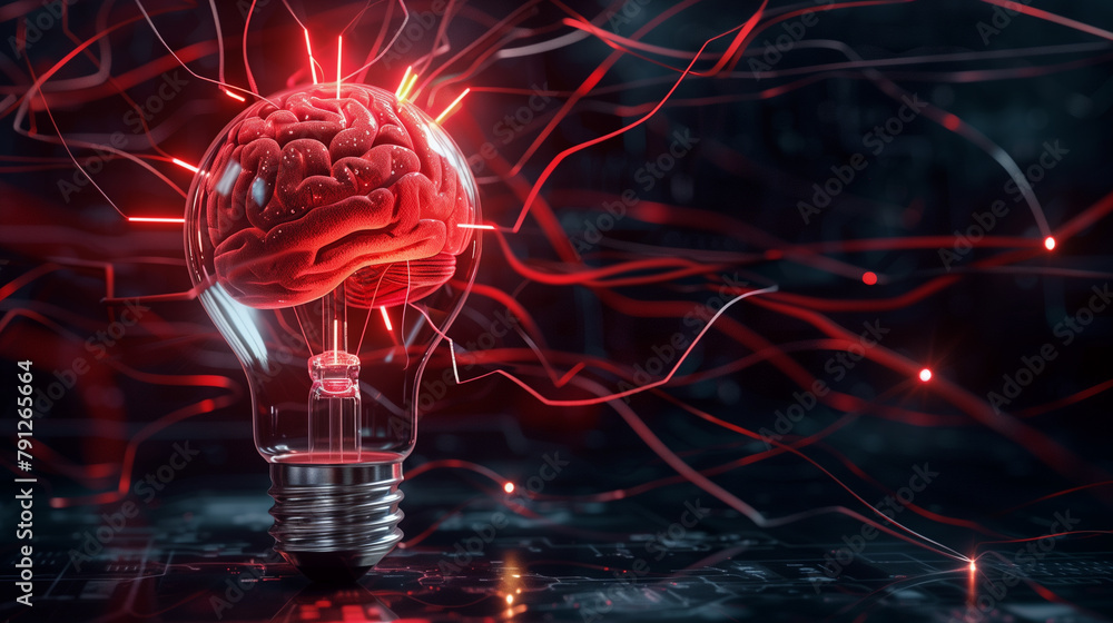 Poster a brain is shown with a light bulb in the middle of it. the light bulb is glowing red and the brain 