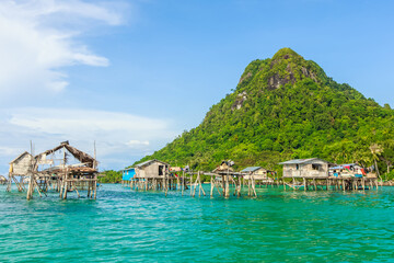 Beautiful landscapes view borneo sea gypsy water village in Bodgaya Mabul Island, Semporna Sabah, Malaysia.