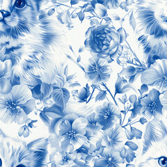 Highly Detailed Porcelain Light Blue Willow Kittens and Flowers Seamless Pattern