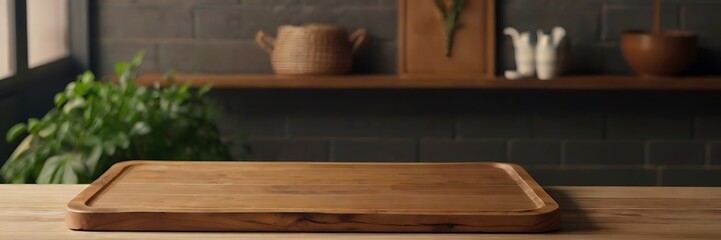 Wooden pedestal on table in kitchen interior and free space for your decoration