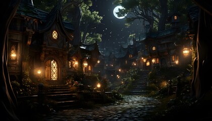 Halloween night scene with haunted house, moon and stars. 3d rendering