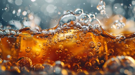Macro Shot of Bubbles in Golden Carbonated Beverage. Close-up macro image capturing the effervescence of bubbles in a golden carbonated drink, with a backdrop of bokeh light. - obrazy, fototapety, plakaty