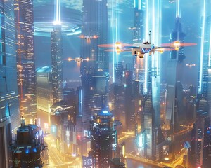 Explore a bustling cityscape with sleek, futuristic skyscrapers towering above Capture a dynamic scene at eye level with flying drones delivering packages amid neon-lit streets