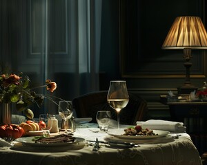 Step into a world of suspense and sophistication with a worms-eye view of intimate dinners, enhanced by a mysterious touch of detective intrigue Let color theory harmonize these elements