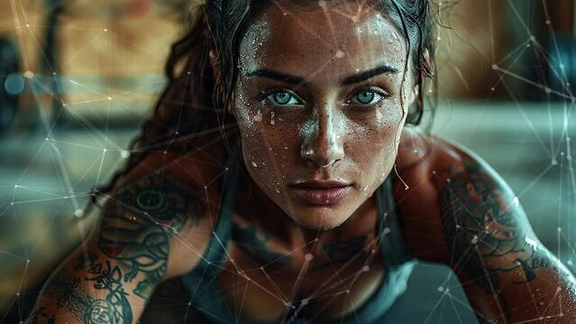 Close up image of attractive fit woman in gym. Background with flying patterns. Focus on woman. Attractive excercise sport model girl. Generative AI.