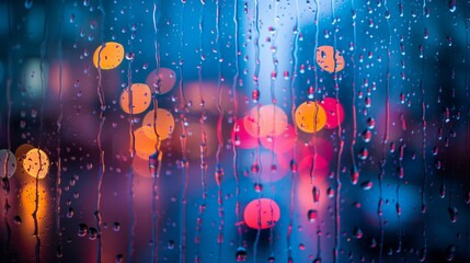 Raindrops and Bokeh Lights on Window Pane. Rain-streaked window pane capturing the bokeh effect of vibrant city lights at night, with a focus on the raindrops.
