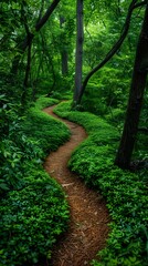 Fototapeta premium In a lush woodland, a winding path leads invitingly through vibrant greenery, beckoning you to embark on a journey into the tranquil embrace of nature.