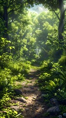 Fototapeta premium A peaceful trail meanders through a lush forest, with sunlight filtering through the fresh green canopy of spring leaves.