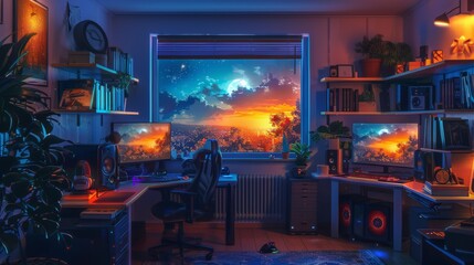 Cozy Tech-Enthusiast's Workspace at Night