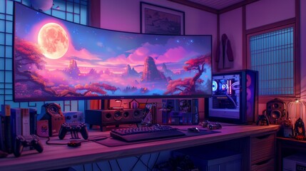 Fantasy-Themed Gamers Room with Moonlit View