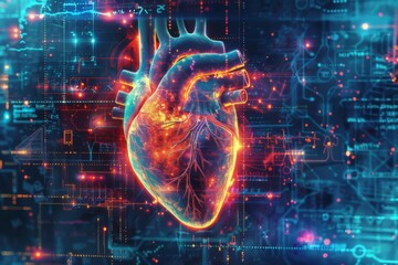 Digitally enhanced heart with intricate circuits and glowing data lines.