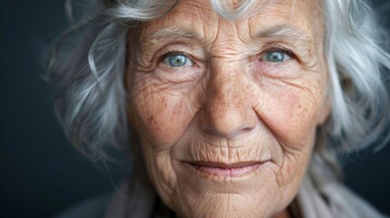 A portrait of an elderly womans face with silver hair framing her peaceful expression radiating a quiet and dignified presence. .