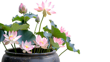 Beautiful Lotus flowers in pot on white background
