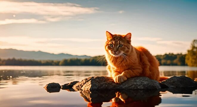 An orange cat sits frozen on the lake rocks, morning lens flare effect